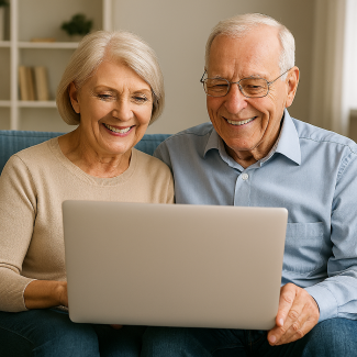 älteres Ehepaar vor Laptop