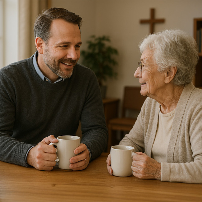Pfarrer unterhält sich beim Kaffee mit älterer Dame